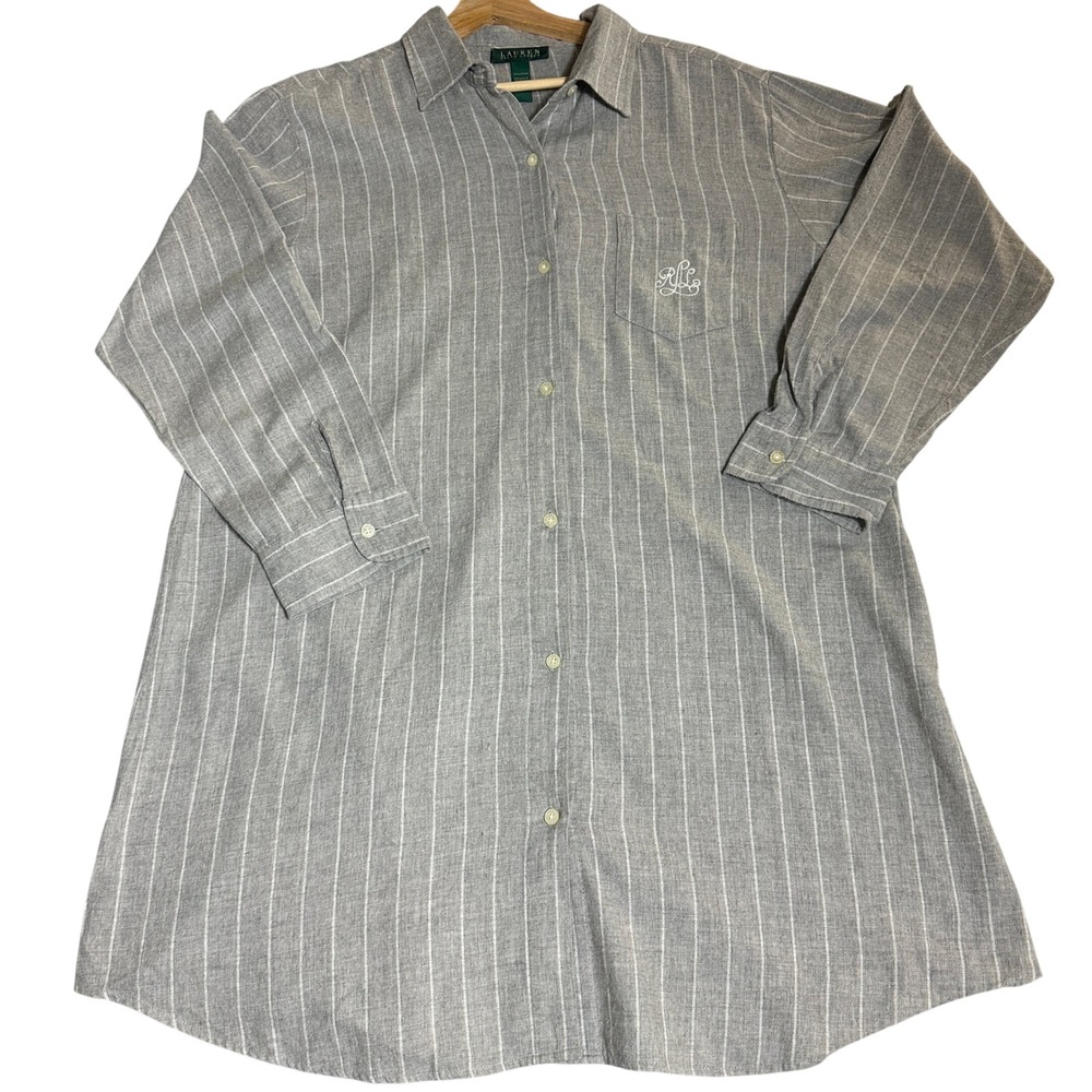 Lauren Ralph Lauren Gray Pinstripe Night shirt Large Monogram Old Money